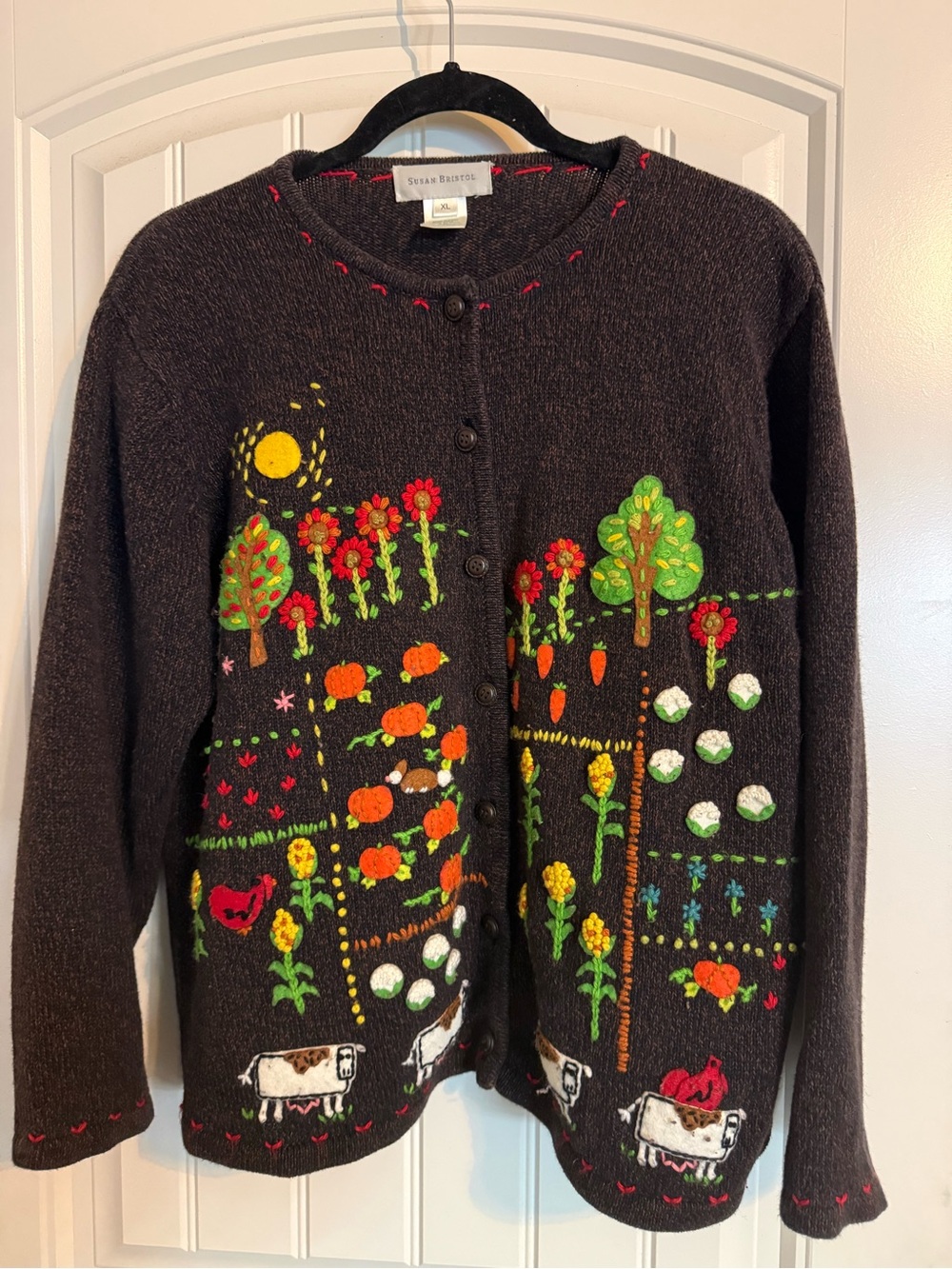 Susan Bristol Brown Embroidered Farm Motif Cardigan
